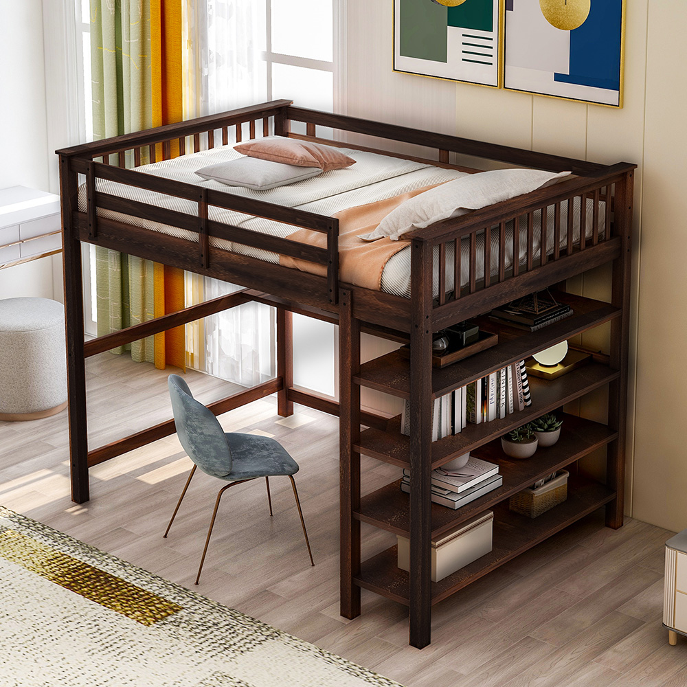 Full-Size Loft Bed Frame with Desk, Storage Shelves, Ladder, and Wooden Slats Support, for Kids, Teens, Boys, Girls (Frame Only) - Espresso