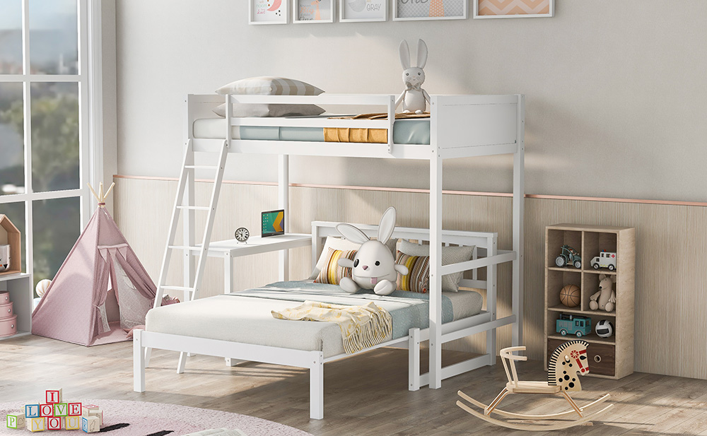 Twin-Size Loft Bed Frame with Convertible Lower Bed, Desk, Ladder, and Wooden Slats Support, for Kids, Teens, Boys, Girls (Frame Only) - White