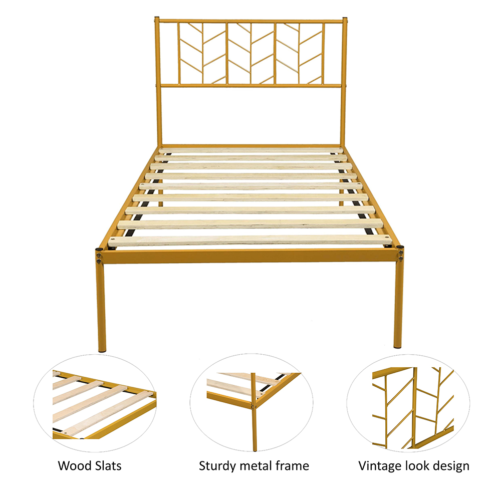 Twin-Size Metal Platform Bed Frame with Headboard and MDF Slats Support, No Box Spring Needed (Only Frame) - Gold