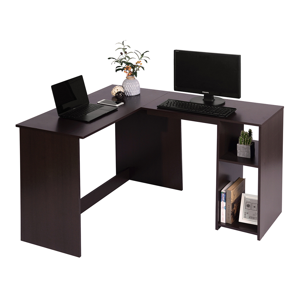 Home Office L-Shaped Corner Computer Desk with 2-Layer Storage Shelf and Wooden Frame, for Game Room, Office, Study Room - Dark Brown