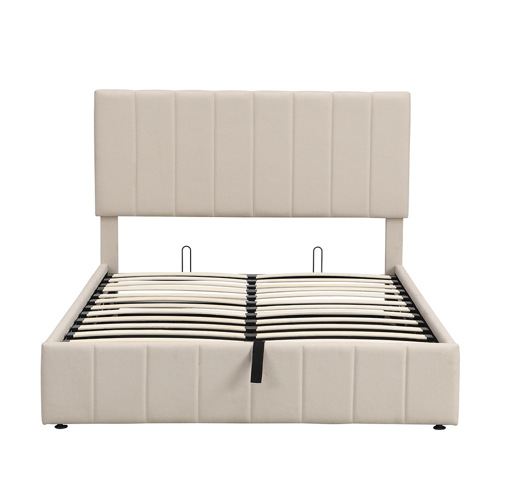 Full-Size Linen Upholstered Platform Bed Frame with Hydraulic Storage System and Wooden Slats Support, No Box Spring Needed (Only Frame) - Beige