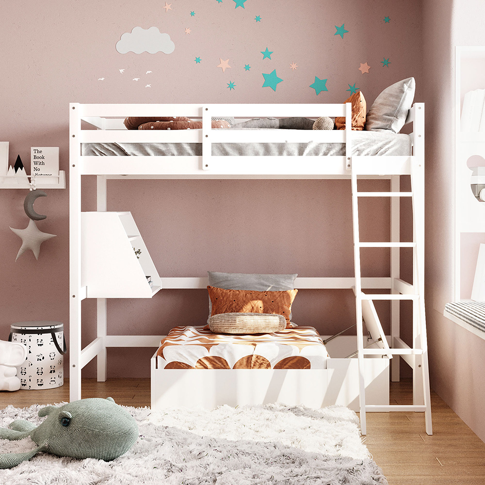 Twin-Size Loft Bed Frame with Convertible Lower Bed, Storage Box, Shelf, Ladder, and Wooden Slats Support, for Kids, Teens, Boys, Girls (Frame Only) - White