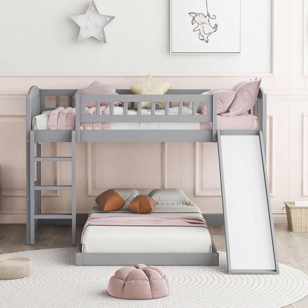 Twin-Over-Twin Size Bunk Bed Frame with Slide, Ladder, and Wooden Slats Support, No Spring Box Required, for Kids, Teens, Boys, Girls (Frame Only) - Gray