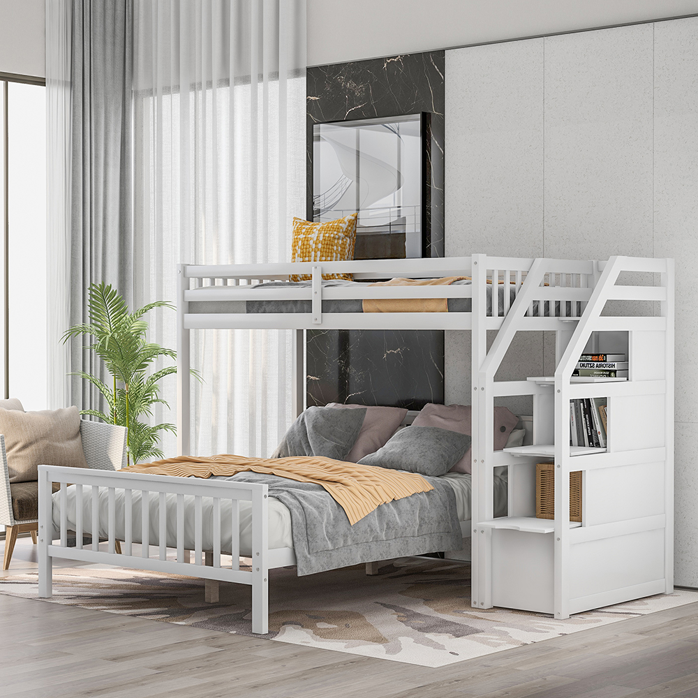 Twin-Over-Full Size Separable Bunk Bed Frame with Storage Stairs, and Wooden Slats Support, No Spring Box Required, for Kids, Teens (Frame Only) - White