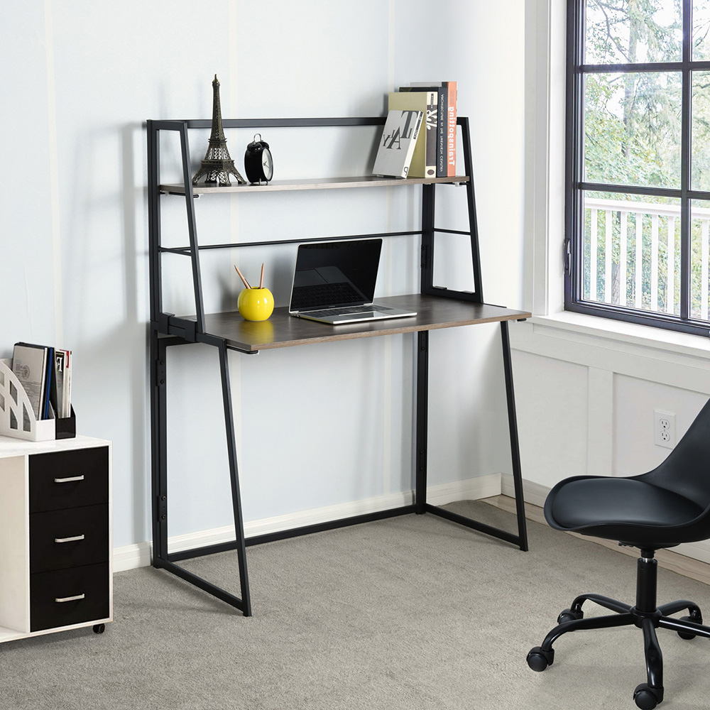 39.4" Home Office Folding Computer Desk with Bookshelves, Wooden Tabletop and Metal Frame, for Game Room, Office, Study Room - Walnut