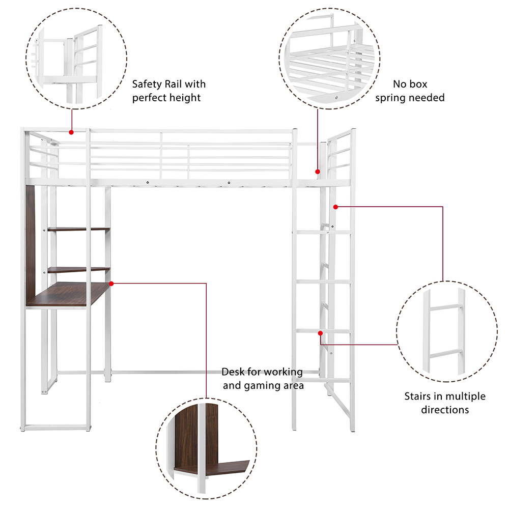 Full-Size Loft Bed Frame with Desk, Storage Shelf, Ladders, and Metal Slats Support, for Kids, Teens, Boys, Girls (Frame Only) - White