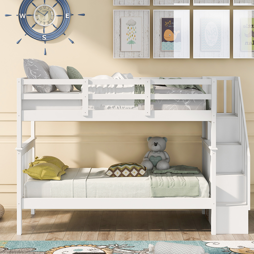 Twin-Over-Twin Size Bunk Bed Frame with Storage Stairs, and Wooden Slats Support, No Spring Box Required, for Kids, Teens, Boys, Girls (Frame Only) - White
