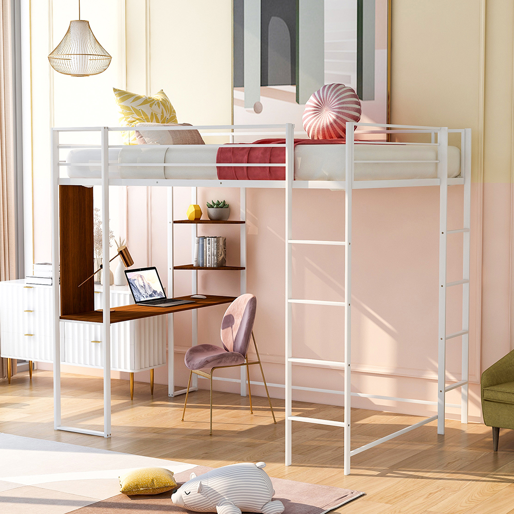 Full-Size Loft Bed Frame with Desk, Storage Shelf, Ladders, and Metal Slats Support, for Kids, Teens, Boys, Girls (Frame Only) - White