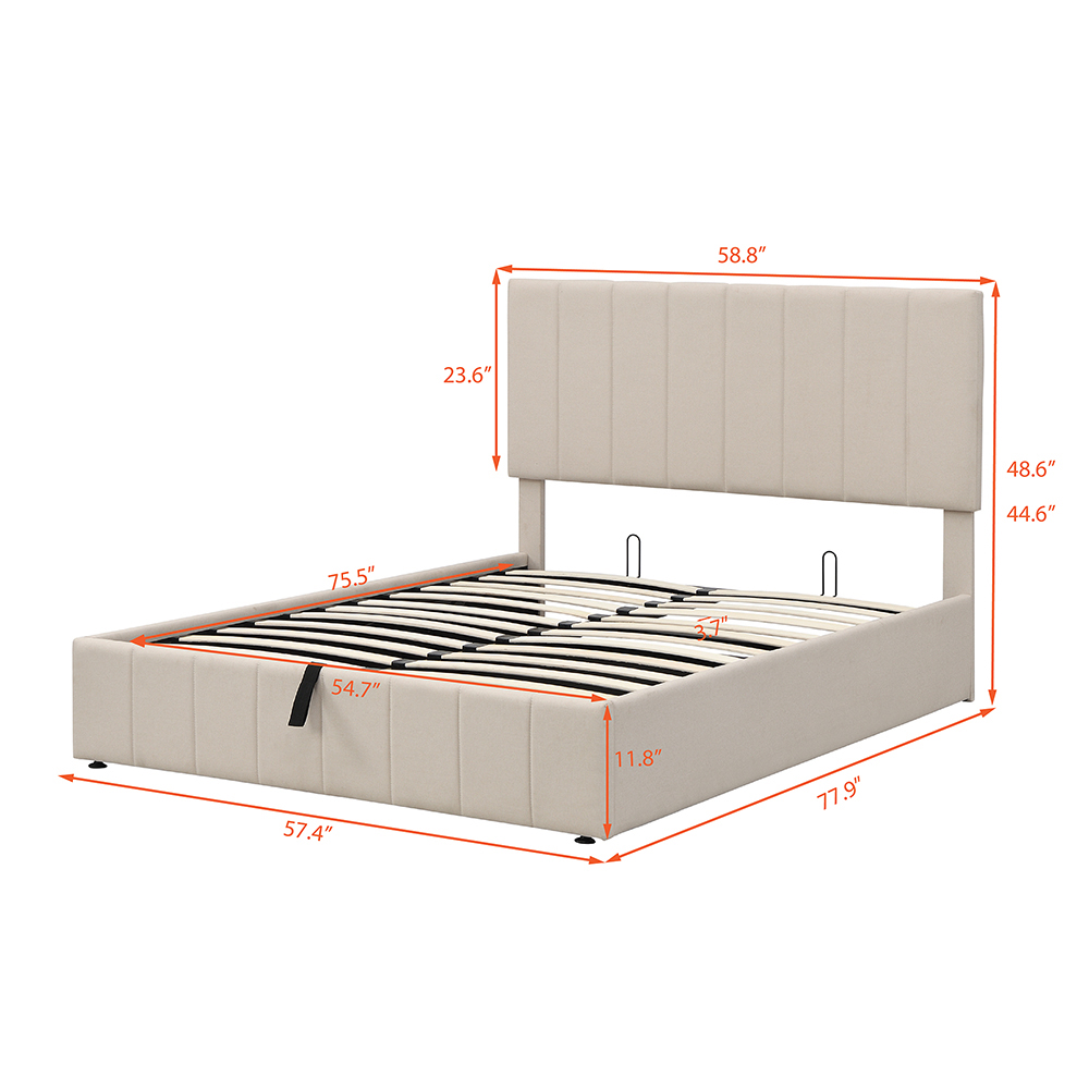 Full-Size Linen Upholstered Platform Bed Frame with Hydraulic Storage System and Wooden Slats Support, No Box Spring Needed (Only Frame) - Beige