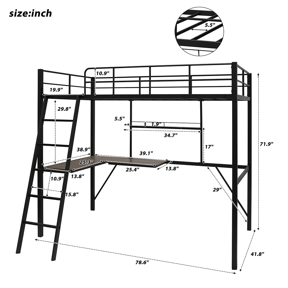 Twin-Size Loft Bed Frame with Ladder, Desk, Storage Shelf, and Metal Slats Support, for Kids, Teens, Boys, Girls (Frame Only) - Black