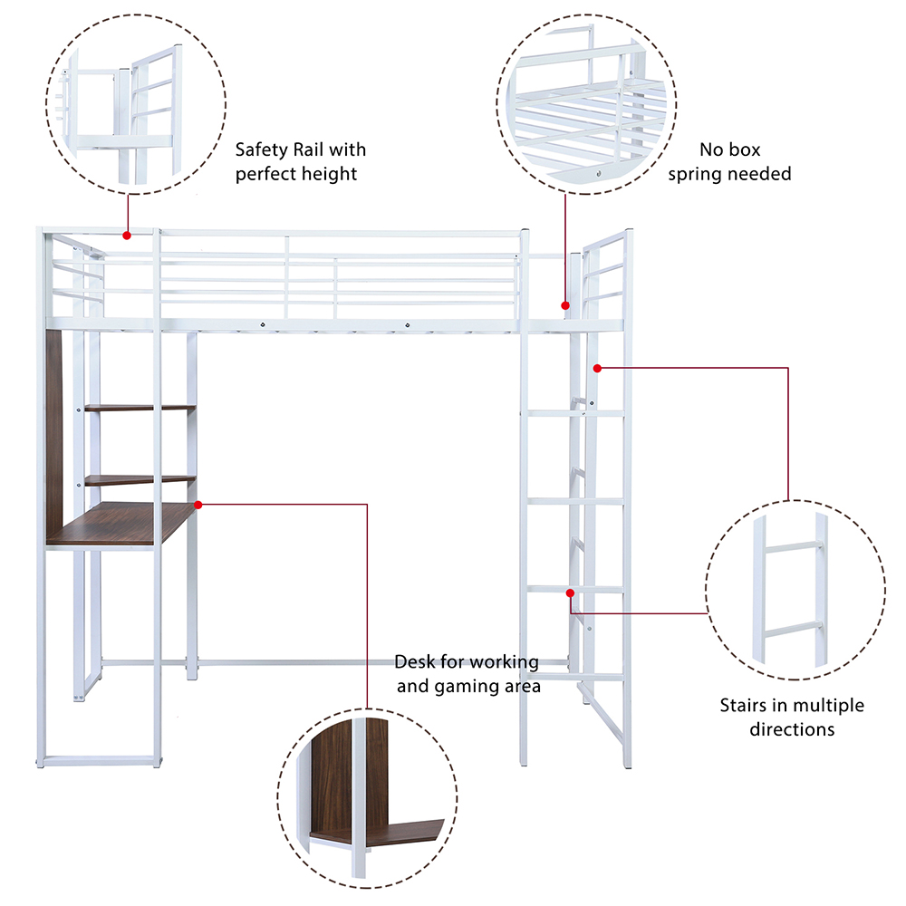 Twin-Size Loft Bed Frame with Desk, Storage Shelves, Ladder, and Metal Slats Support, for Kids, Teens, Boys, Girls (Frame Only) - White