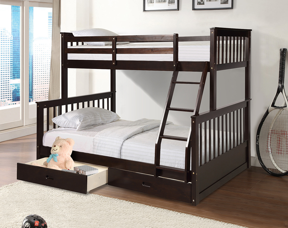 Twin-Over-Full Size Bunk Bed Frame with 2 Storage Drawers, Ladder, and Wooden Slats Support, No Spring Box Required, for Kids, Teens (Frame Only) - Espresso