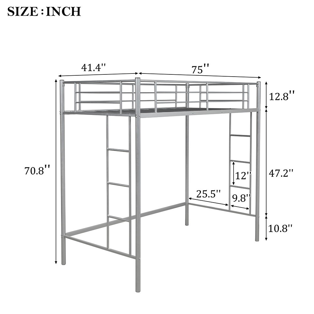 Twin-Size Loft Bed Frame with Guardrail, Two-Side Ladders, and Steel Slats Support, No Box Spring Needed (Only Frame) - Silver
