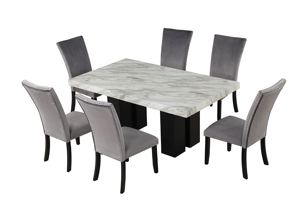 7 Piece Faux Marble Dining Table Set with 6 Velvet Chairs for Kitchen, Living Room, Bar, Restaurant - Gray
