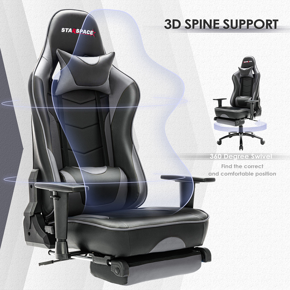 STARSPACE Home Office PU Leather Rotatable Massage Gaming Chair Height Adjustable with Ergonomic High Backrest and Footrest - Gray