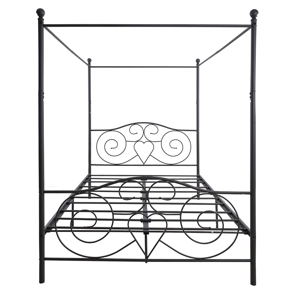Queen-Size Metal Canopy Bed Frame with 4 Pillars and Metal Slats Support, No Box Spring Needed (Only Frame) - Black