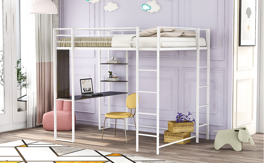 Twin-Size Loft Bed Frame with Desk, Storage Shelves, Ladder, and Metal Slats Support, for Kids, Teens, Boys, Girls (Frame Only) - White