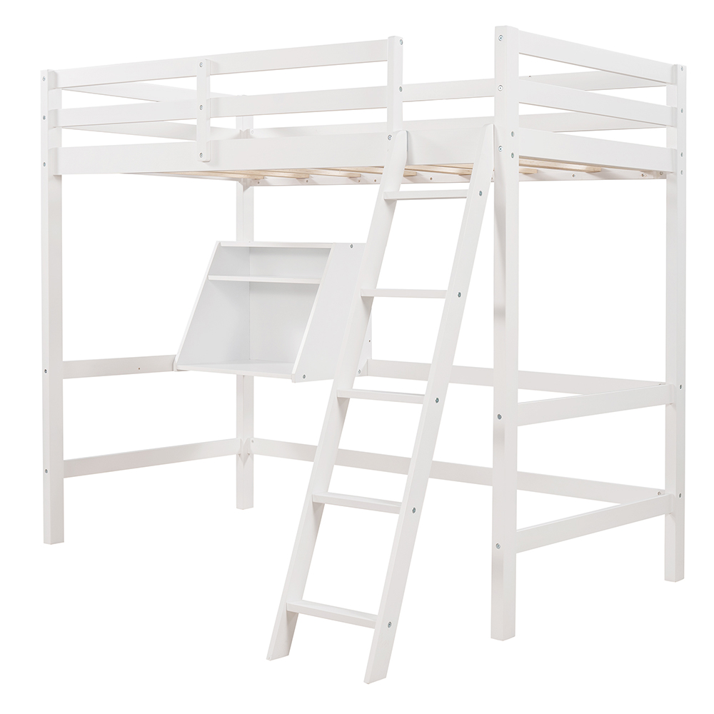 Twin-Size Loft Bed Frame with Convertible Lower Bed, Storage Box, Shelf, Ladder, and Wooden Slats Support, for Kids, Teens, Boys, Girls (Frame Only) - White