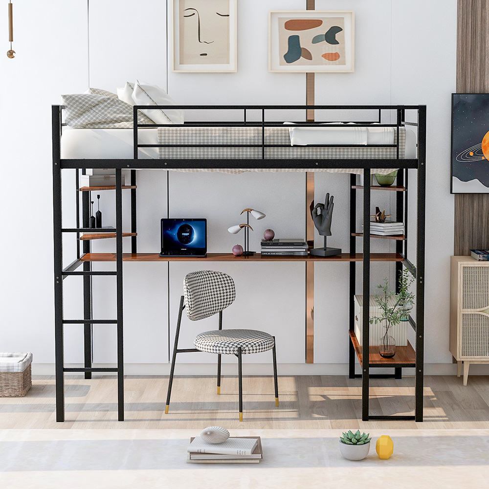 Twin-Size Loft Bed Frame with Ladder, Desk, Storage Shelves, and Steel Slats Support, for Kids, Teens, Boys, Girls (Frame Only) - Brown