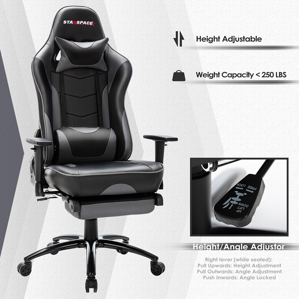 STARSPACE Home Office PU Leather Rotatable Massage Gaming Chair Height Adjustable with Ergonomic High Backrest and Footrest - Gray