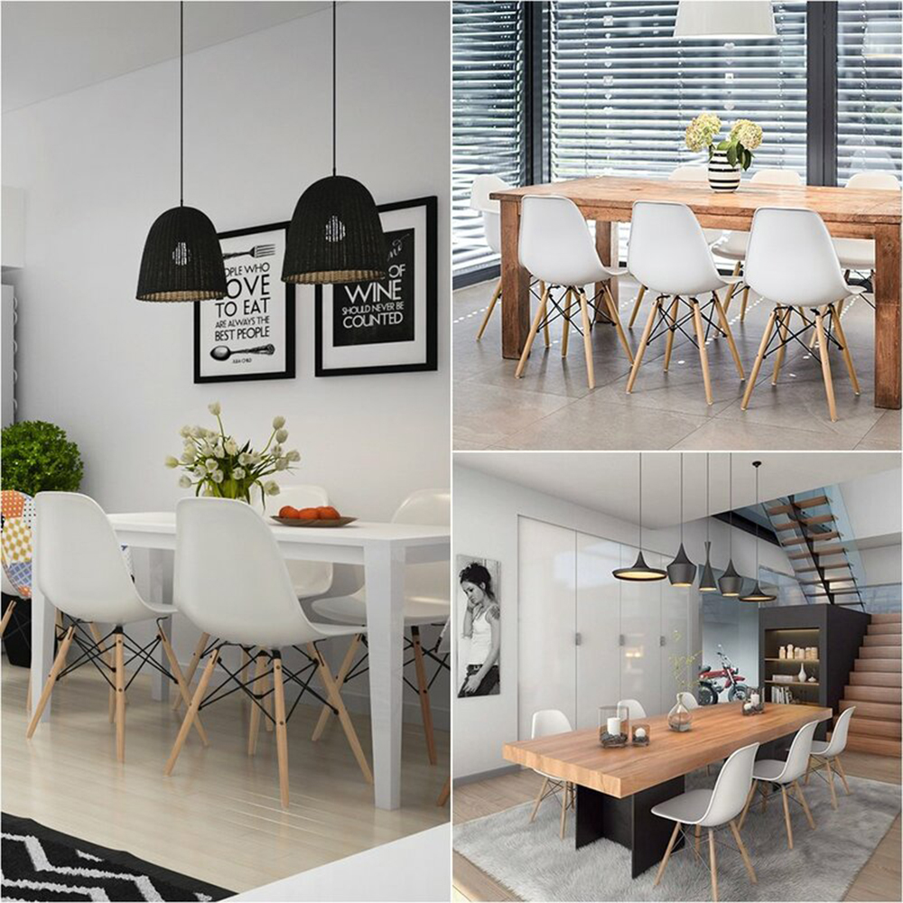 Plastic Dining Chair Set of 6, with Curved Backrest, and Wood Legs, for Restaurant, Cafe, Tavern, Office, Living Room - White