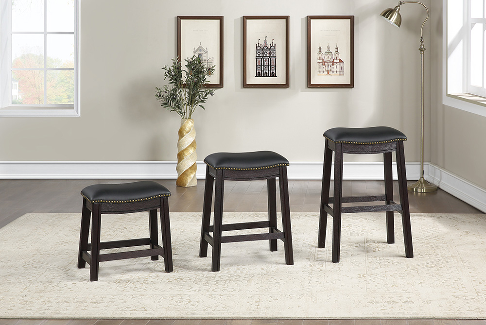 29"H PU Upholstered Dining Stool Set of 2, with Nailhead Trim, and Wooden Frame, for Restaurant, Cafe, Tavern, Office, Living Room - Black