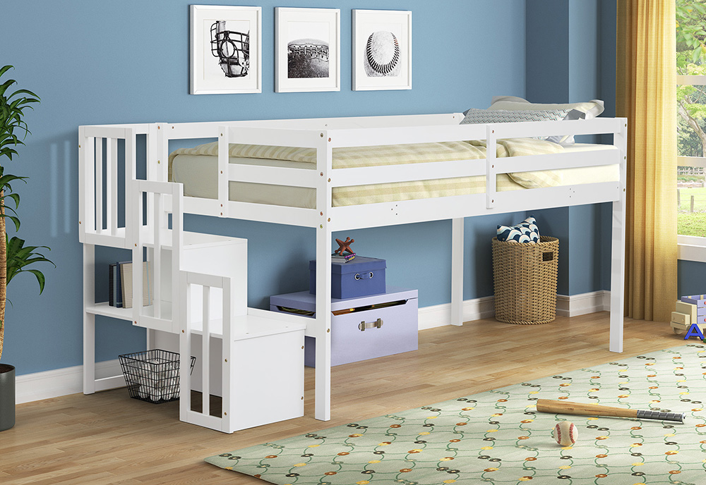 Twin-Size Loft Bed Frame with Storage Stairs, and Wooden Slats Support, for Kids, Teens, Boys, Girls (Frame Only) - White