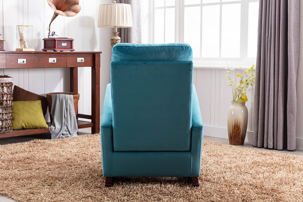 Velvet Upholstered Rocking Chair with Solid Wood Base and High Backrest, for Living Room, Bedroom, Dining Room, Nursery - Blue