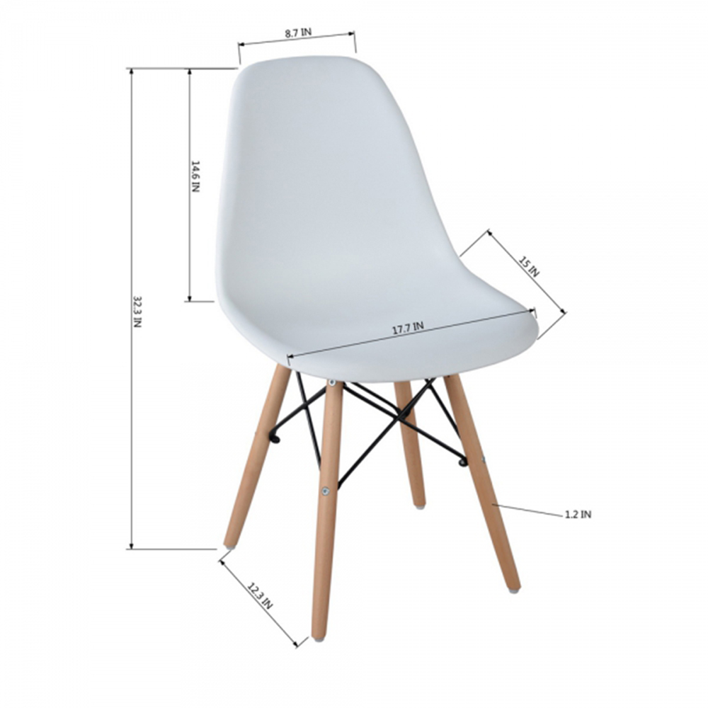 Plastic Dining Chair Set of 6, with Curved Backrest, and Wood Legs, for Restaurant, Cafe, Tavern, Office, Living Room - White