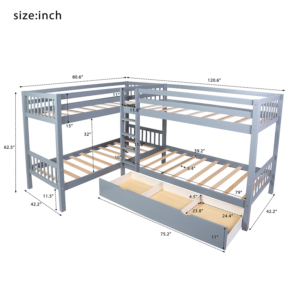 Twin-Over-Twin Size L-Shaped Bunk Bed Frame with 3 Storage Drawers, Ladder, and Wooden Slats Support, No Spring Box Required, for Kids, Teens (Frame Only) - Gray