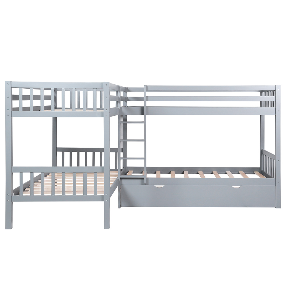 Twin-Over-Twin Size L-Shaped Bunk Bed Frame with 3 Storage Drawers, Ladder, and Wooden Slats Support, No Spring Box Required, for Kids, Teens (Frame Only) - Gray