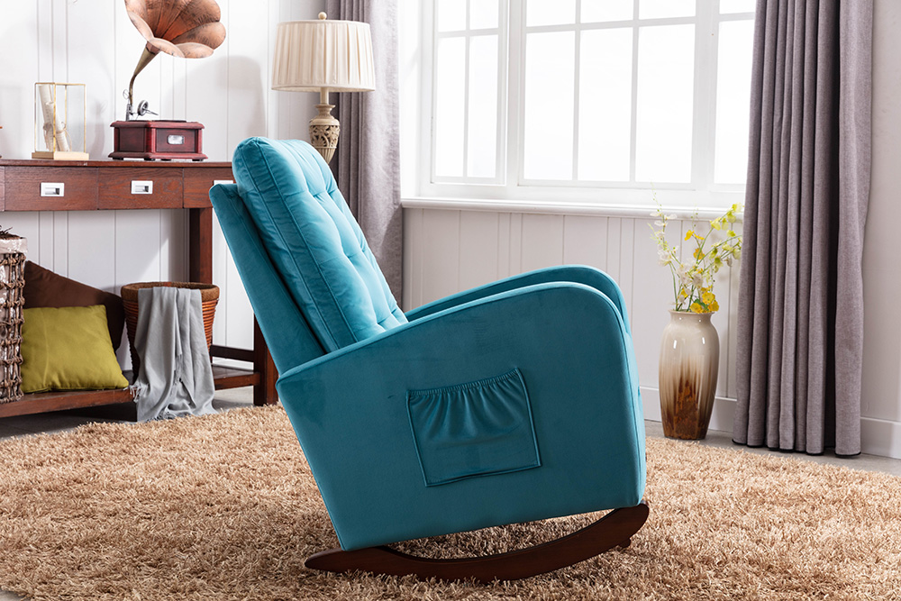 Velvet Upholstered Rocking Chair with Solid Wood Base and High Backrest, for Living Room, Bedroom, Dining Room, Nursery - Blue