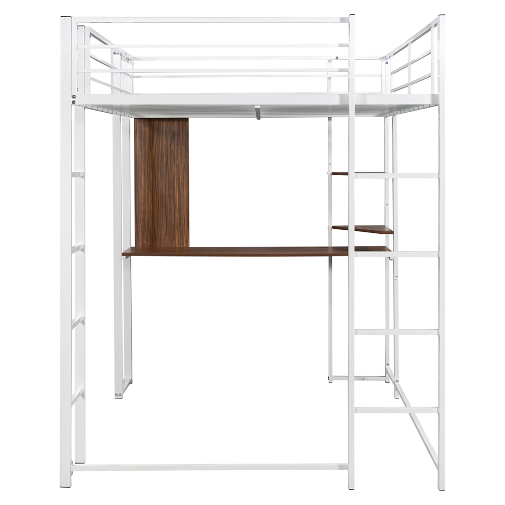 Full-Size Loft Bed Frame with Desk, Storage Shelf, Ladders, and Metal Slats Support, for Kids, Teens, Boys, Girls (Frame Only) - White