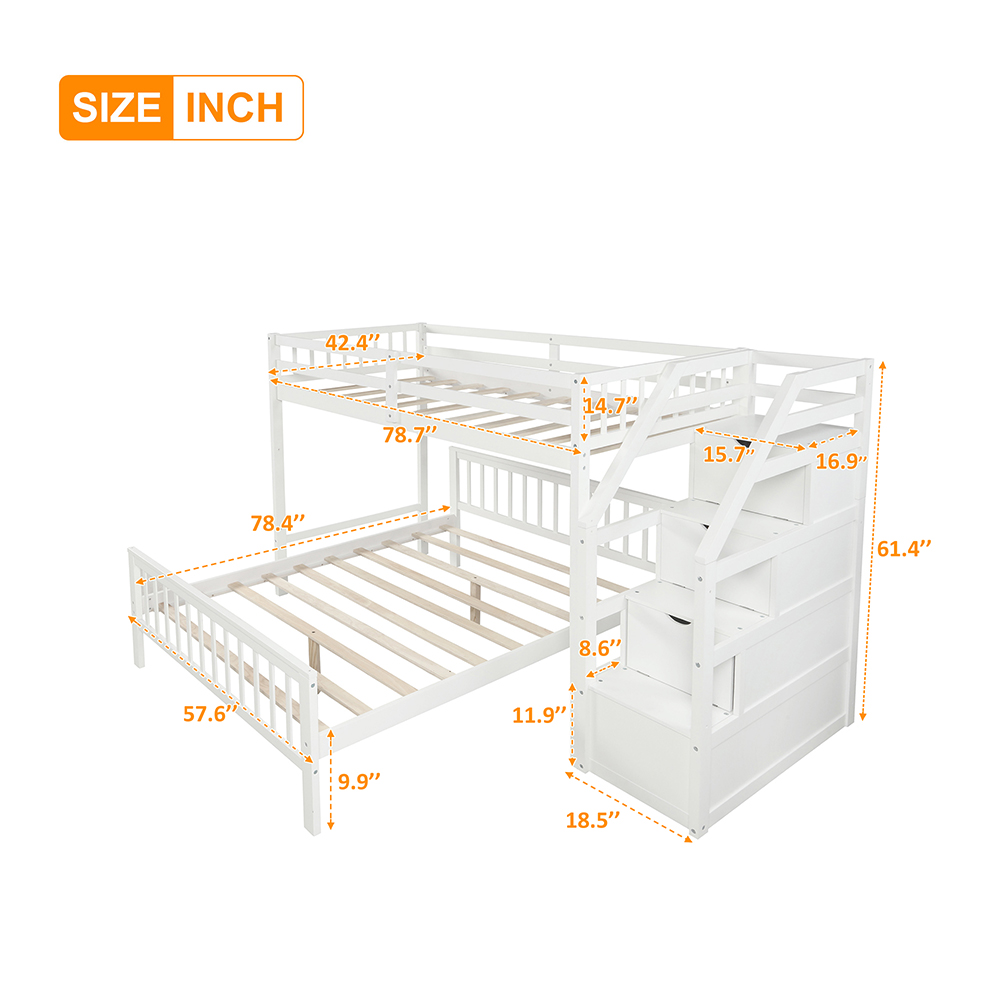 Twin-Over-Full Size Separable Bunk Bed Frame with Storage Stairs, and Wooden Slats Support, No Spring Box Required, for Kids, Teens (Frame Only) - White