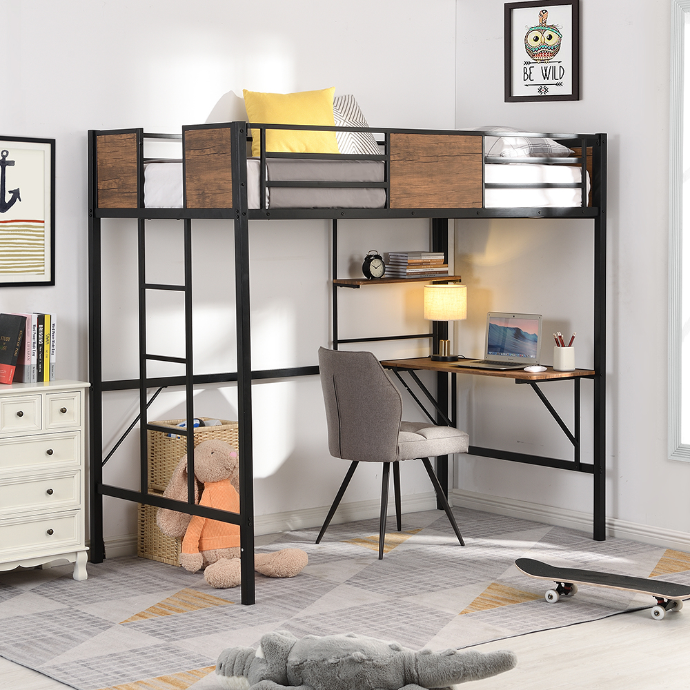 Twin-Size Loft Bed Frame with Ladder, Desk, Storage Shelf, and Metal Slats Support, for Kids, Teens, Boys, Girls (Frame Only) - Brown