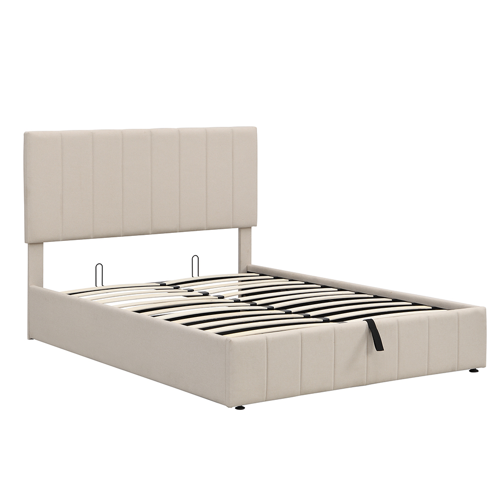 Full-Size Linen Upholstered Platform Bed Frame with Hydraulic Storage System and Wooden Slats Support, No Box Spring Needed (Only Frame) - Beige