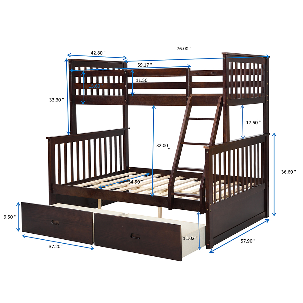 Twin-Over-Full Size Bunk Bed Frame with 2 Storage Drawers, Ladder, and Wooden Slats Support, No Spring Box Required, for Kids, Teens (Frame Only) - Espresso