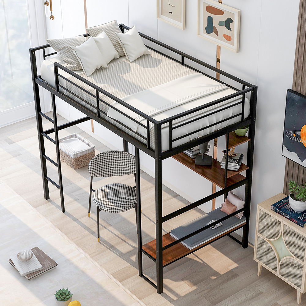 Twin-Size Loft Bed Frame with Ladder, Desk, Storage Shelves, and Steel Slats Support, for Kids, Teens, Boys, Girls (Frame Only) - Brown
