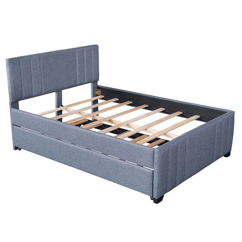 Full-Size Upholstered Platform Bed Frame with Trundle Bed, and Wooden Slats Support, No Box Spring Needed (Only Frame) - Gray
