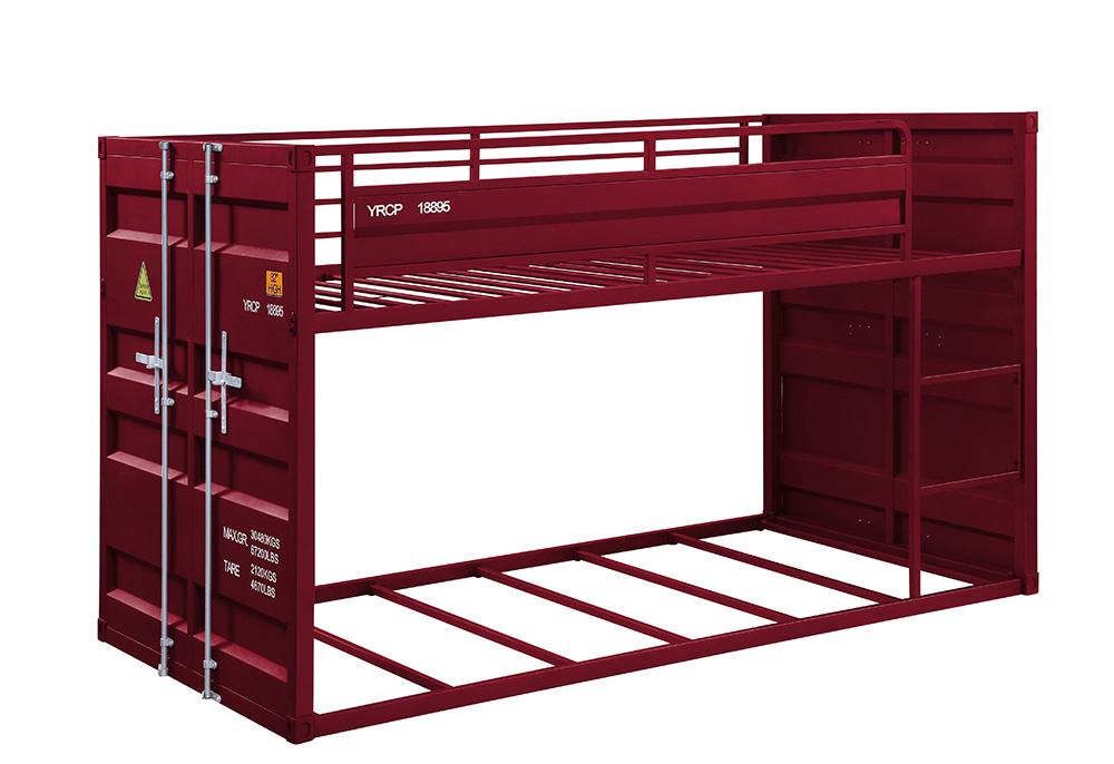 ACME Cargo Twin-Over-Twin Size Bunk Bed Frame with Ladder, and Metal Slats Support, No Spring Box Required, for Kids, Teens (Frame Only) - Red