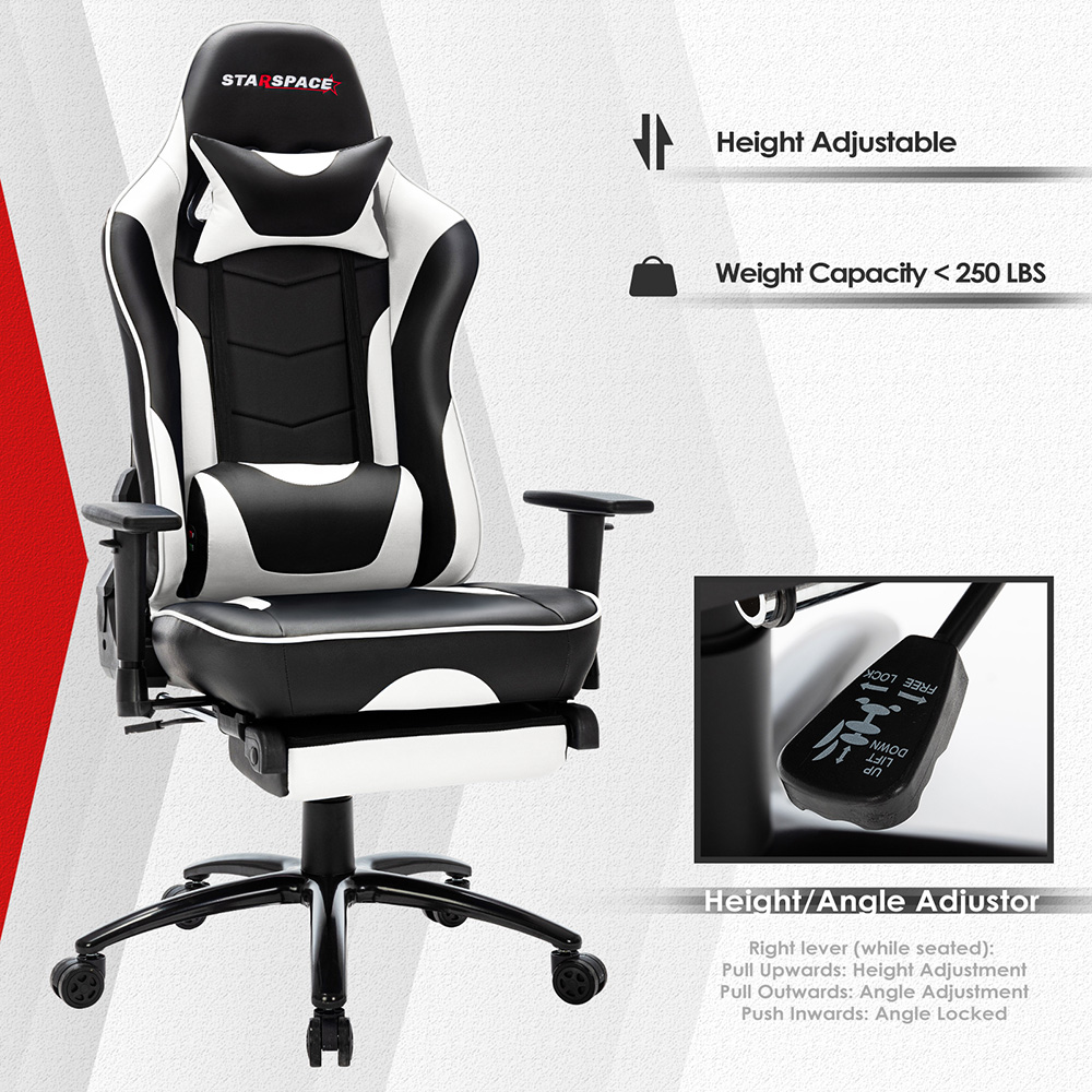 STARSPACE Home Office PU Leather Rotatable Massage Gaming Chair Height Adjustable with Ergonomic High Backrest and Footrest - White