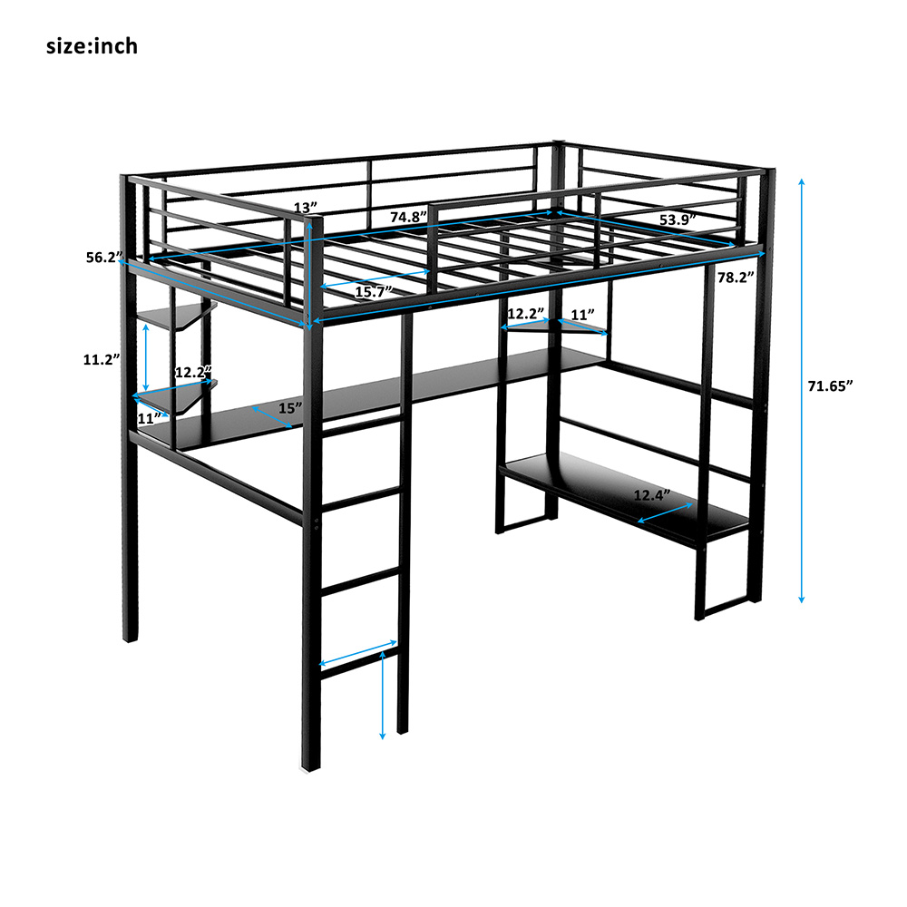 Full-Size Loft Bed Frame with Ladder, Desk, Storage Shelves, and Steel Slats Support, for Kids, Teens, Boys, Girls (Frame Only) - Black