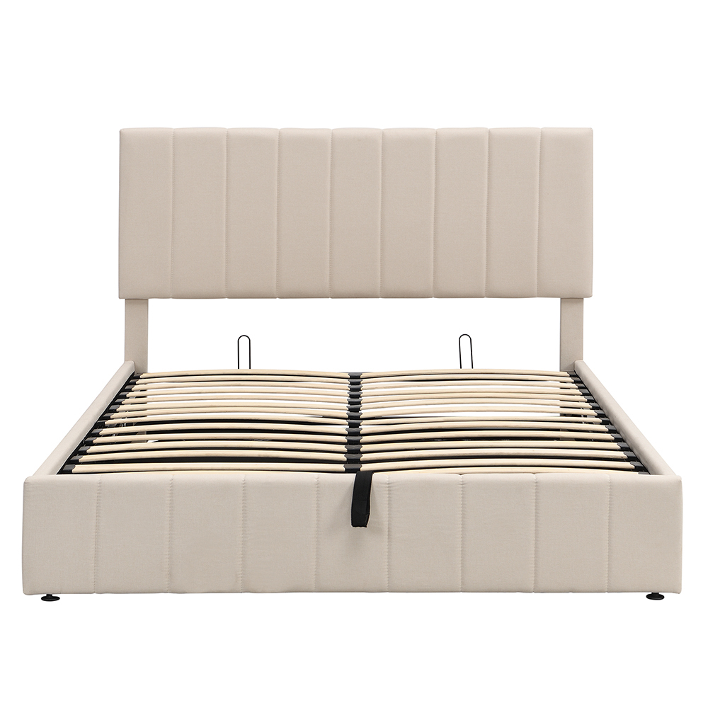 Queen-Size Linen Upholstered Platform Bed Frame with Hydraulic Storage System and Wooden Slats Support, No Box Spring Needed (Only Frame) - Beige
