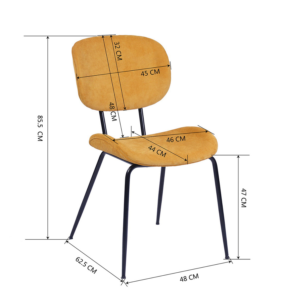 Velvet Upholstered Dining Chair Set of 2, with Curved Backrest, and Metal Legs, for Restaurant, Cafe, Tavern, Office, Living Room - Yellow