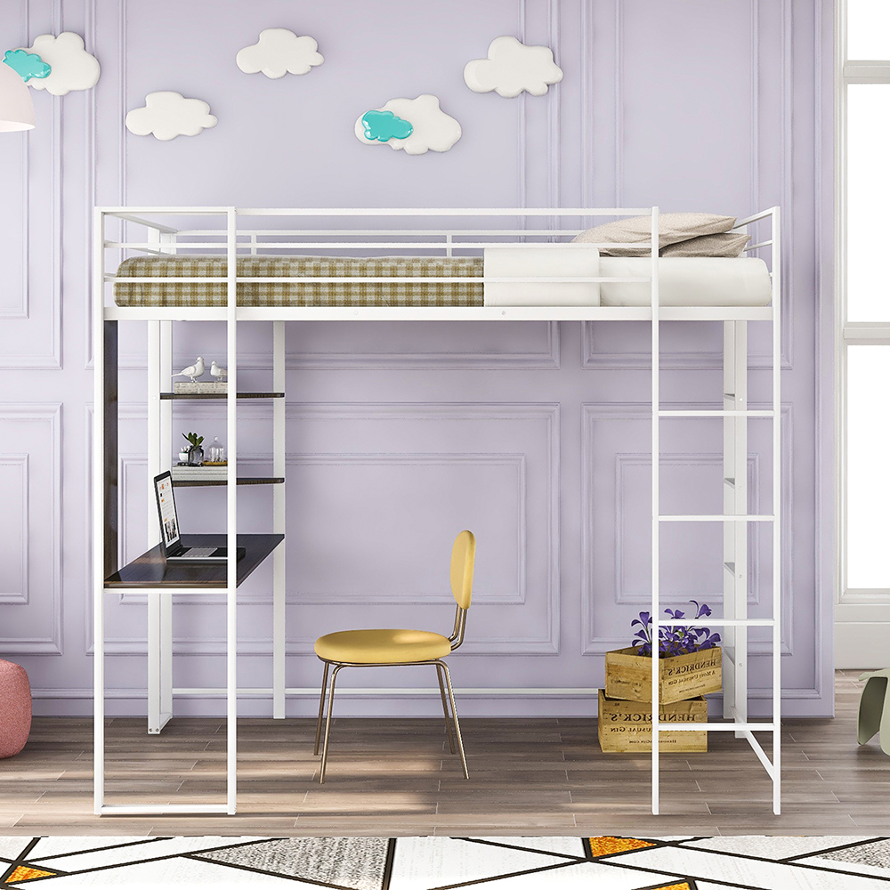 Twin-Size Loft Bed Frame with Desk, Storage Shelves, Ladder, and Metal Slats Support, for Kids, Teens, Boys, Girls (Frame Only) - White