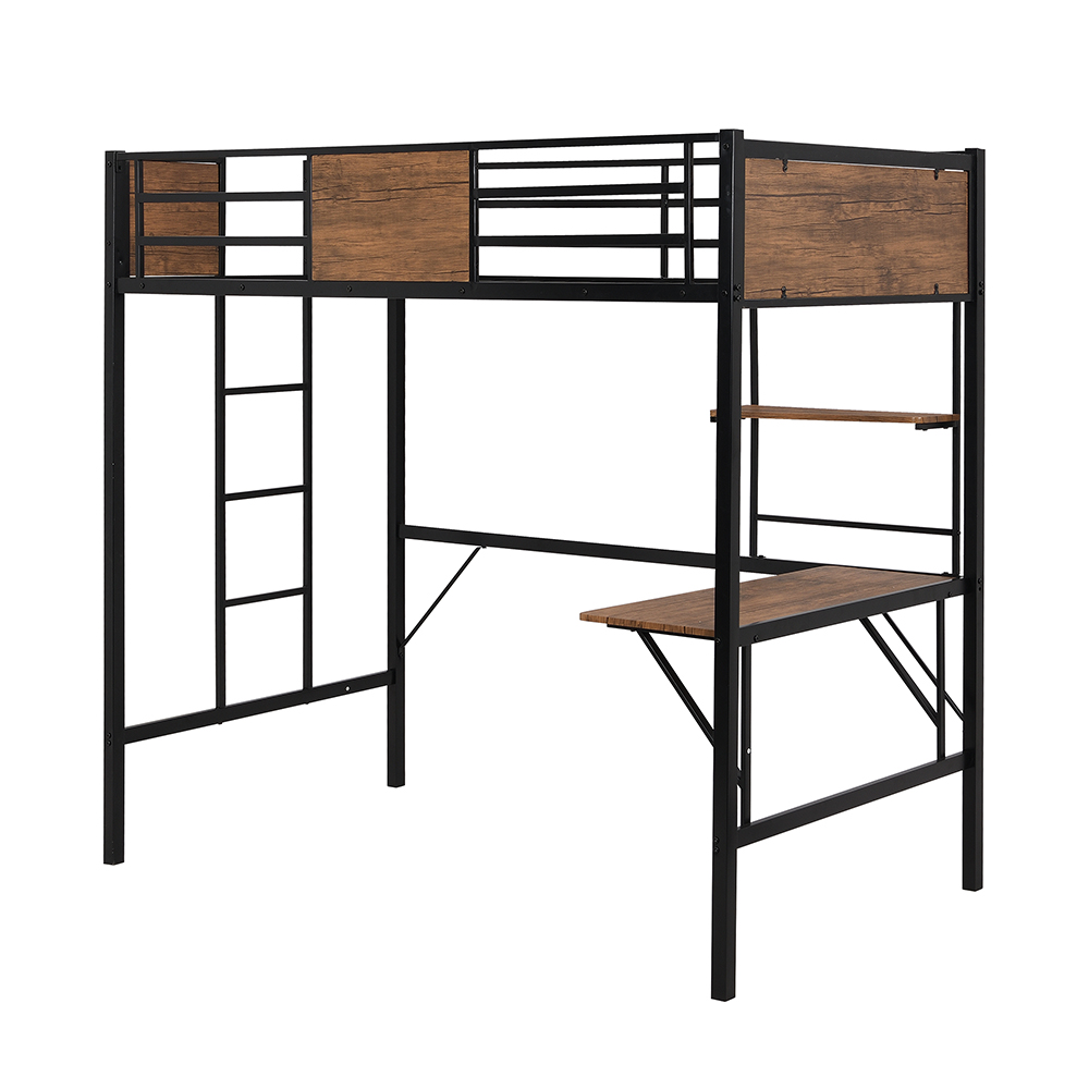 Twin-Size Loft Bed Frame with Ladder, Desk, Storage Shelf, and Metal Slats Support, for Kids, Teens, Boys, Girls (Frame Only) - Brown