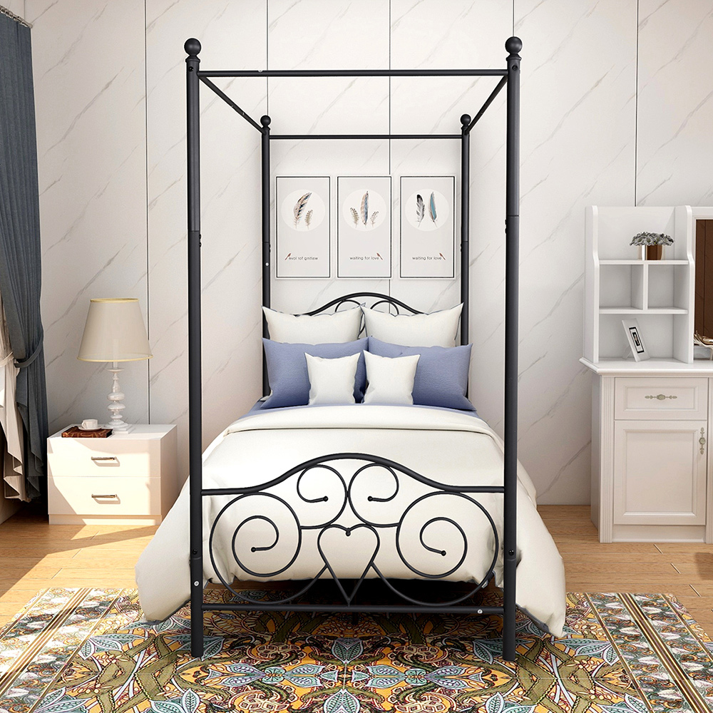 Twin-Size Metal Canopy Bed Frame with 4 Pillars and Metal Slats Support, No Box Spring Needed (Only Frame) - Black