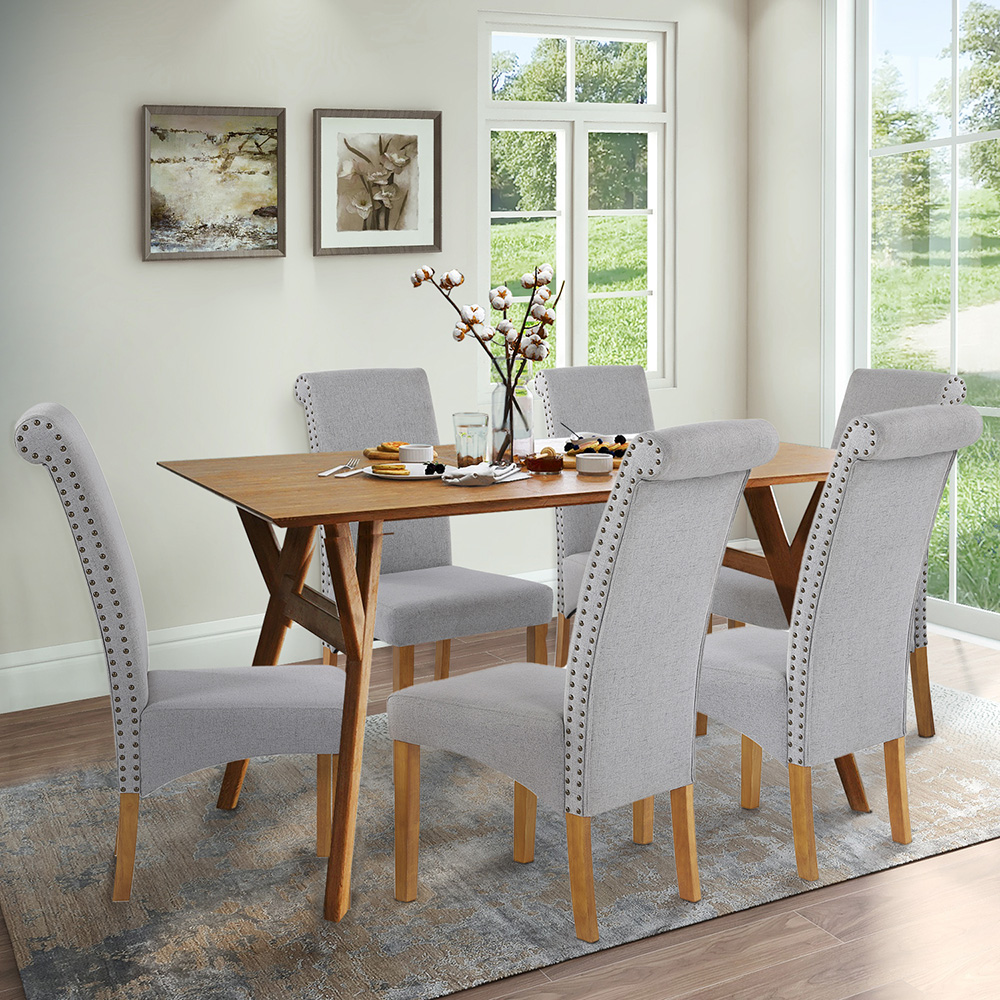 TOPMAX Fabric Upholstered Dining Chair Set of 6, with Nailed Trim Backrest, and Wood Legs, for Restaurant, Cafe, Tavern, Office, Living Room - Gray
