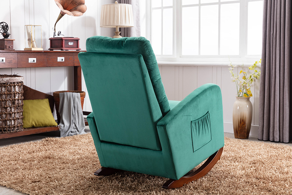 Velvet Upholstered Rocking Chair with Solid Wood Base and High Backrest, for Living Room, Bedroom, Dining Room, Nursery - Green