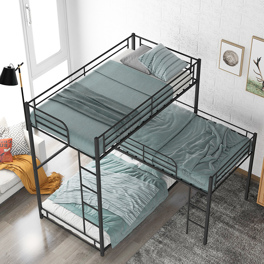 Twin-Size L-shaped Triple Bed Frame with Ladders, and Metal Slats Support, No Spring Box Required, for Kids, Teens (Frame Only) - Black